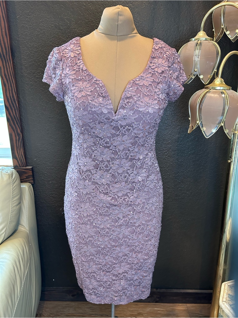 connected apparel Lavender Lace Notch-Neck Midi Dress